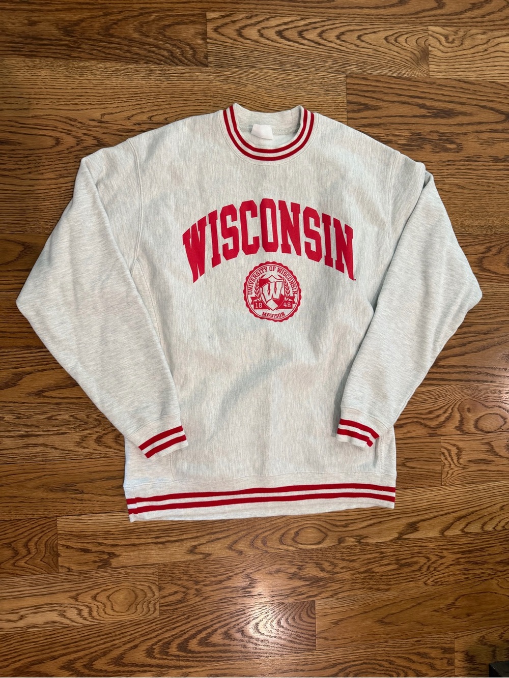 Champion Heather Gray Crewneck Sweatshirt with Red Wisconsin Graphic